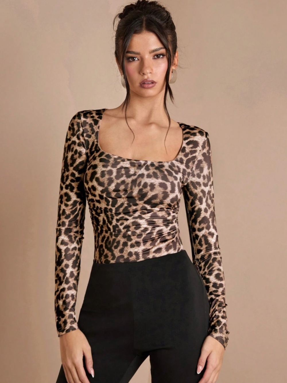 Leopard Animal Print Bodysuit Long Sleeves Square Neck - Picture 5 of 7